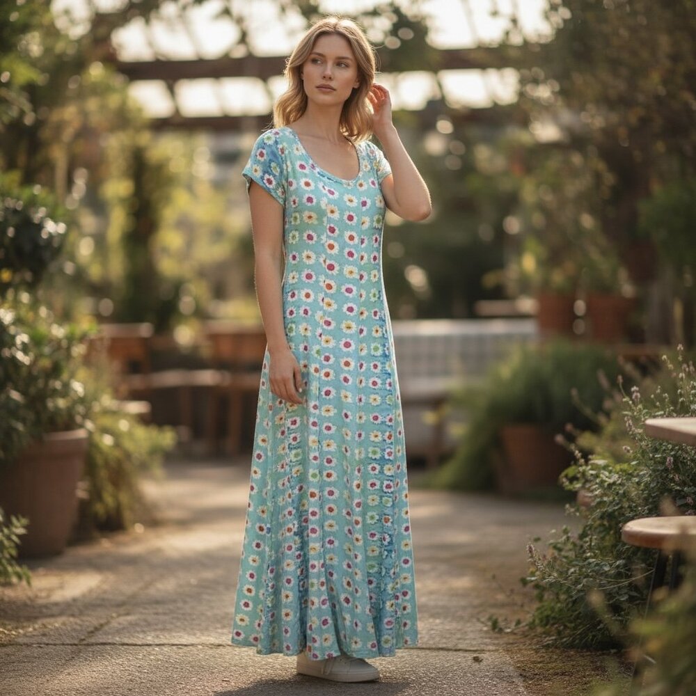 VTG Jams World Blue Daisy Flower Print Short‎ Sleeve Midi Dress Sz M #294K